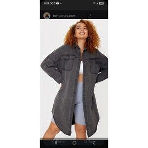 Woman's Washed Black Longline Denim Shacket Oversized Jacket Coat Shirt Medium